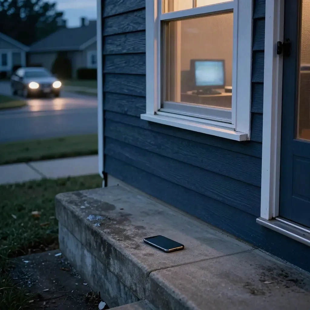 Empty suburban porch at blue hour with a phone on the step and light in the driveway.