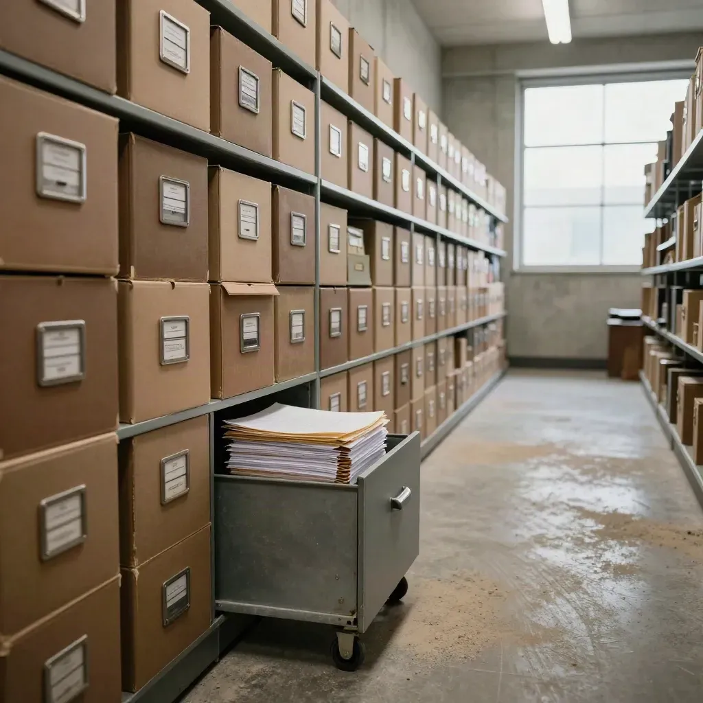 Archive room with boxed files, rolling cart, and open drawer under hazy fluorescent light.