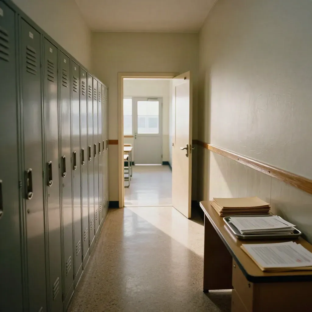 Quiet school hallway with lockers, open classroom door, and sealed assessment envelopes on a table.