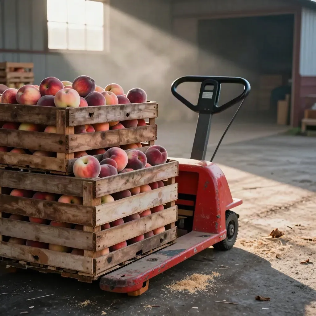 Dawn at a farm auction dock with apple and peach crates beside a crimson pallet jack.