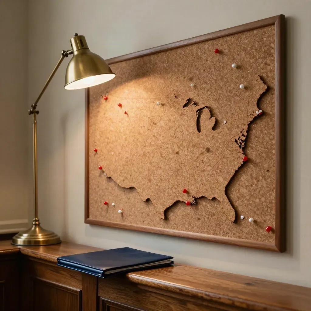 Cork U.S. map wall with pushpins, navy folder, and brass lamp in a hazy briefing room.