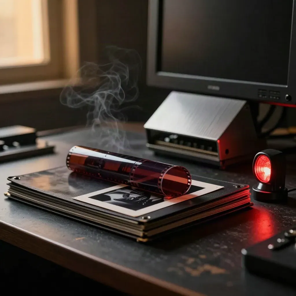 Curled acetate frames in a dark editing bay with monitor glow and warm haze.