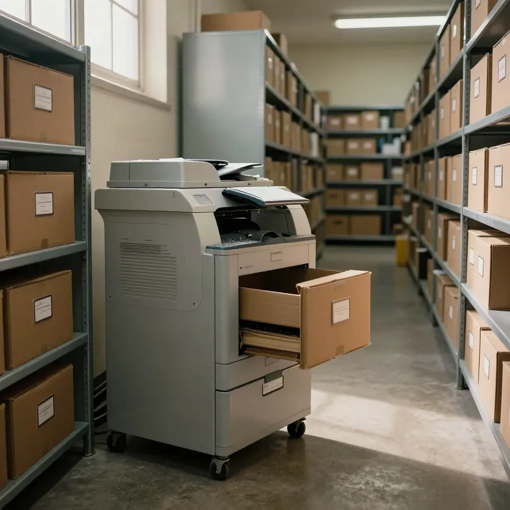Archive room with file cart, banker boxes, and copier lid in late afternoon light.
