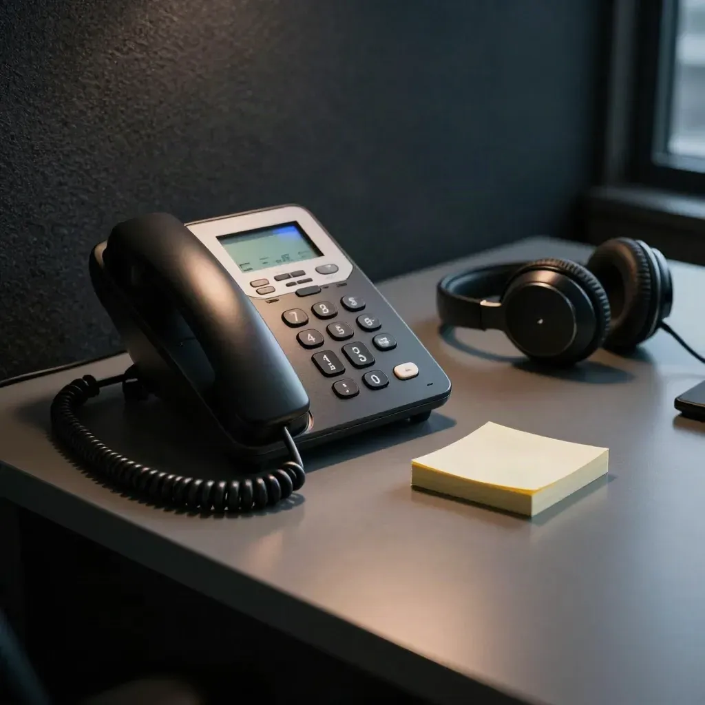 Corded newsroom phone with blinking light beside headphones on a dark side desk.