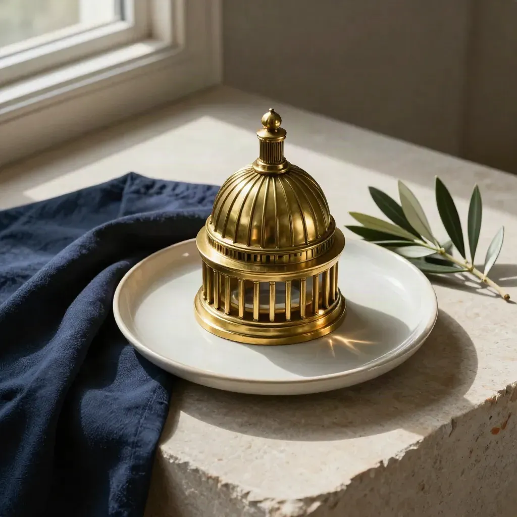 Brass Capitol dome paperweight with navy cloth, ceramic dish and olive branch on pale stone.