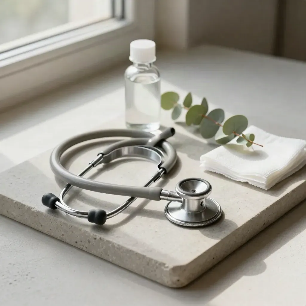 Stethoscope, medicine bottle, eucalyptus sprig, and gauze on a stone tray.