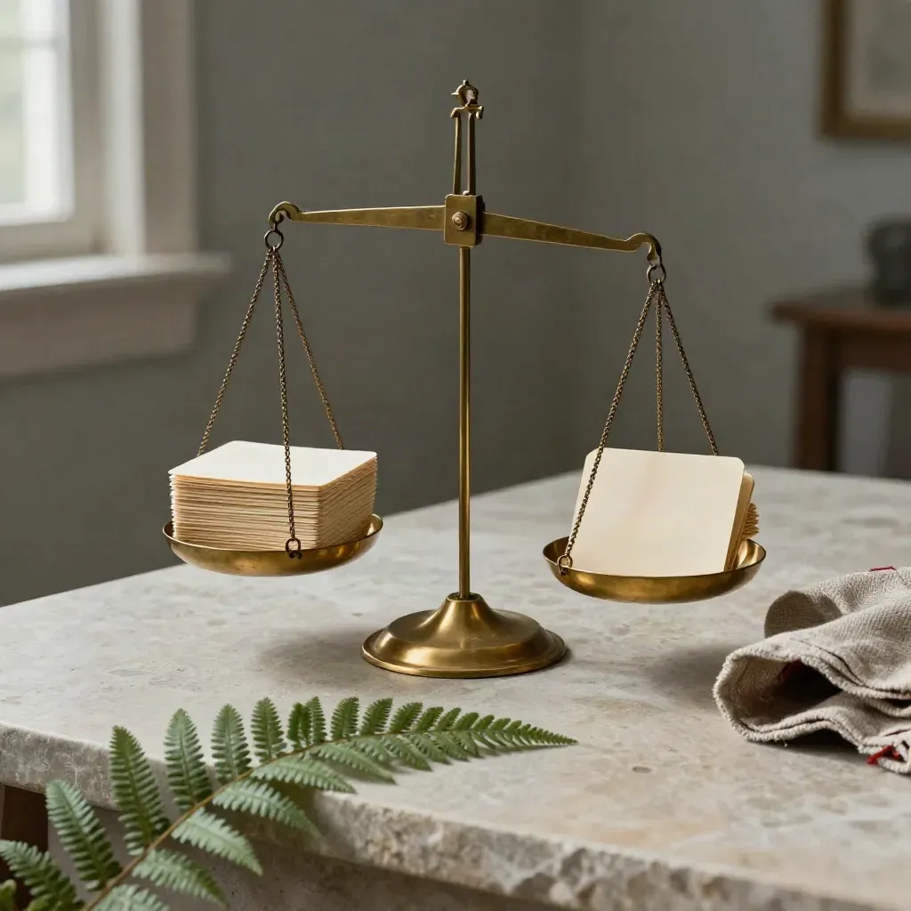 Brass scale with card stacks, fern frond, and folded cloth on pale stone