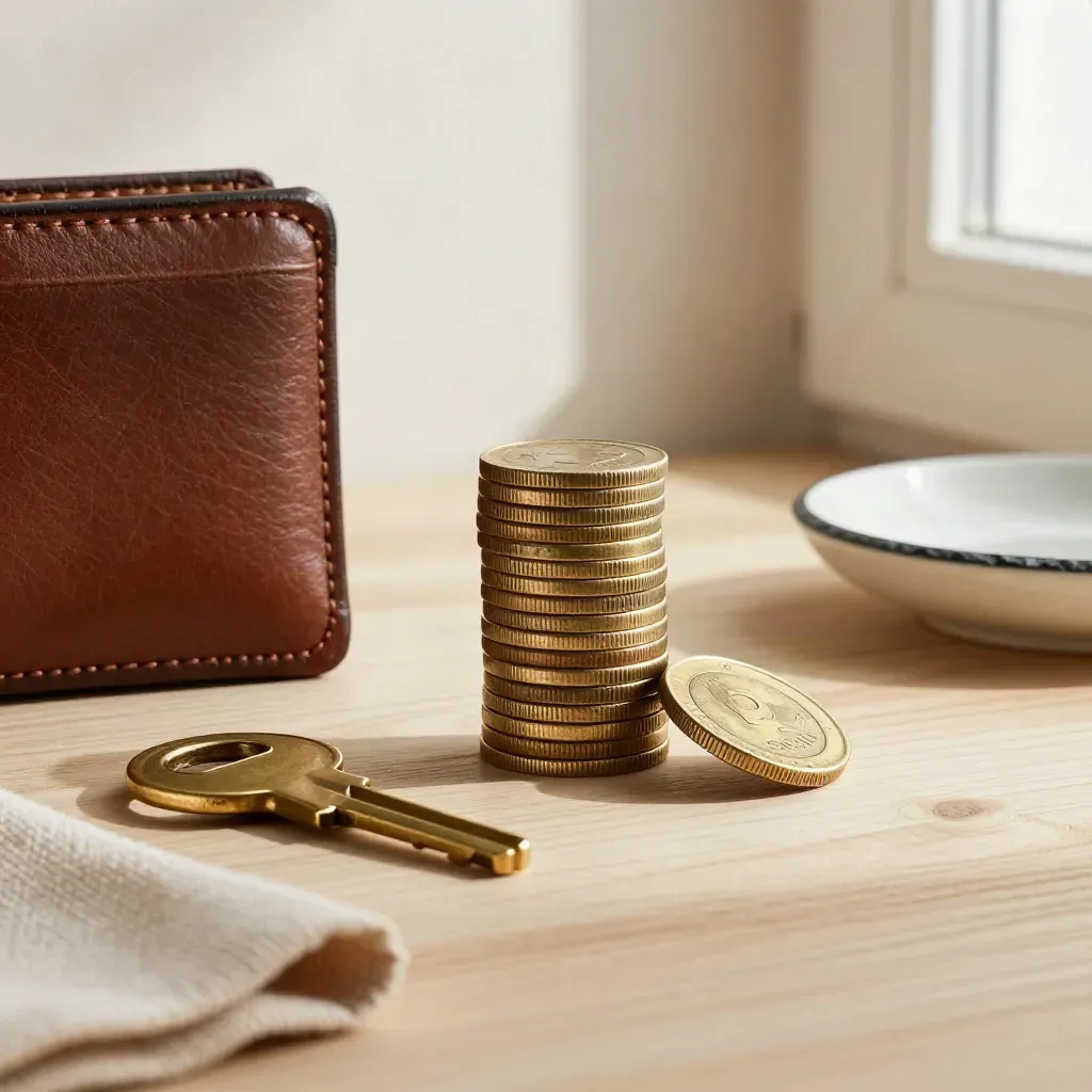 Coins, wallet corner, brass key, and ceramic dish on pale wood in soft light.