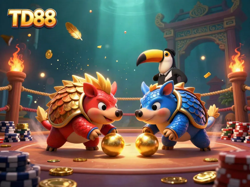 Experience excitement at TD88 as rival pangolins compete in a dazzling casino scene full of gold coins and chips.