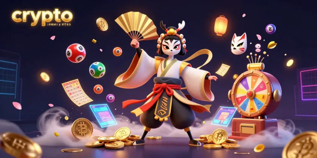 Illustration showcasing dynamic action at crypto gambling sites with vibrant prizes and characters.
