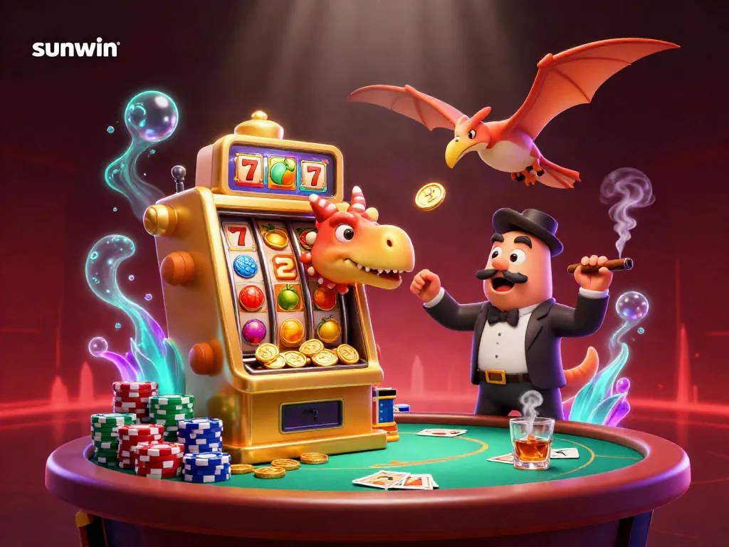 Experience the excitement of sunwin as a pachycephalosaurus triggers a slot machine jackpot amidst a vibrant casino scene.