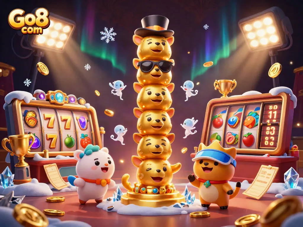 Experience thrilling slots with Go8 com's dynamic totem and action-packed casino elements in this vibrant illustration.