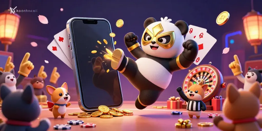 Experience the excitement of keonhacai with an action-packed illustration featuring a panda wrestler, chihuahua referee, and wild animal fans amidst vibrant casino games.