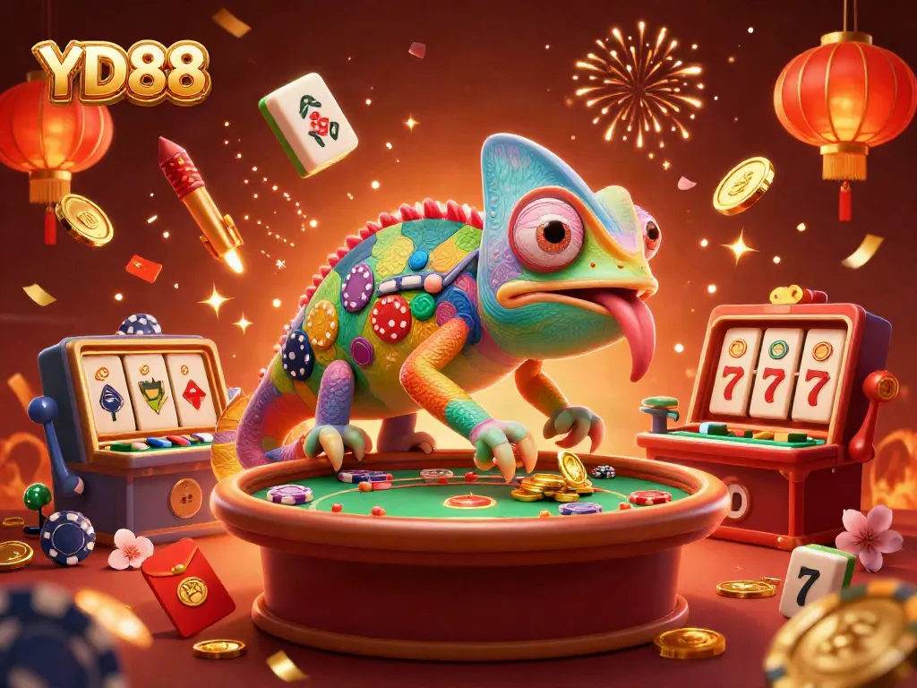 Experience the thrill of YD88 with an enchanting casino scene featuring a colorful chameleon and vibrant game elements.