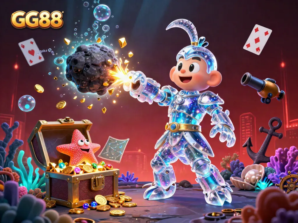 Experience thrilling gameplay at GG88 with a dynamic 3D casino scene featuring vibrant underwater treasures and exciting gaming elements.