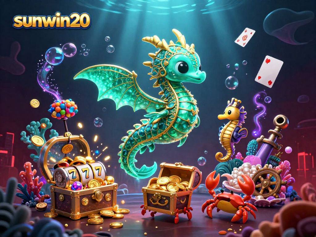 Engage with the vibrant sunwin20 scene featuring an emerald sea dragon, slot reels, and gold treasure in an underwater casino.