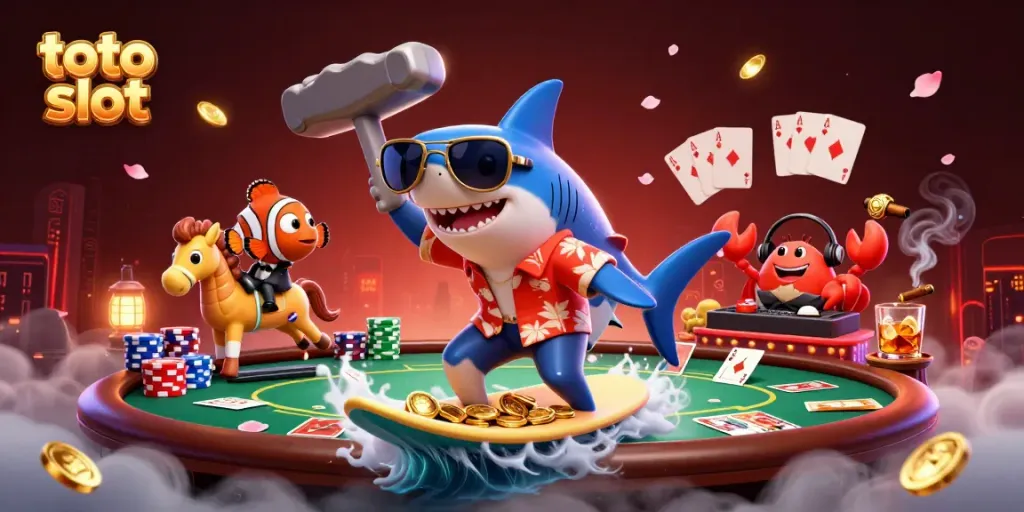 Experience exciting toto slot action with a shark surfer and DJ crab in a vibrant casino scene.