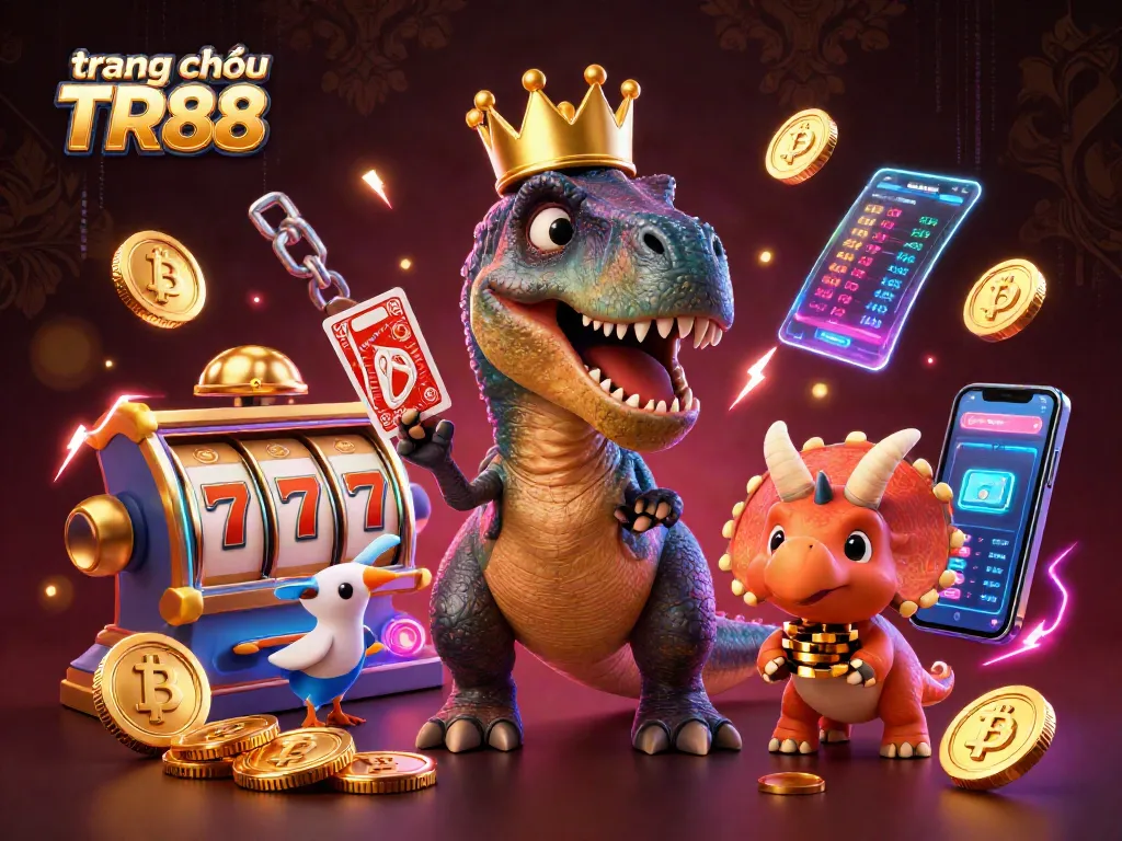Experience thrilling play at trang chủ TR88 with a vibrant 3D casino illustration featuring a cheerful T-Rex and fun characters.