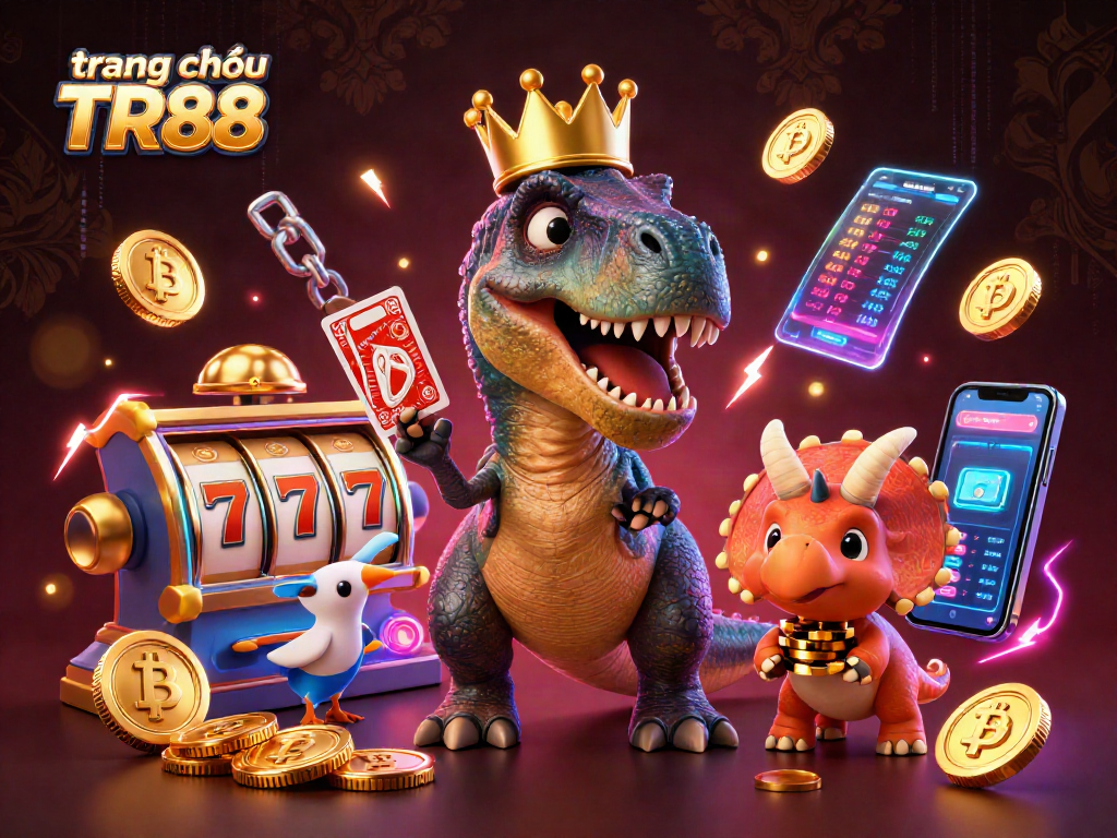 Experience thrilling play at trang chủ TR88 with a vibrant 3D casino illustration featuring a cheerful T-Rex and fun characters.