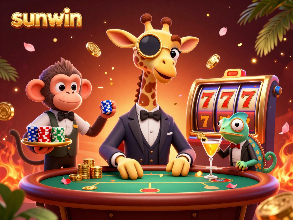 Experience sunwin's vibrant casino atmosphere with a giraffe high-roller and playful characters amidst exciting game elements.