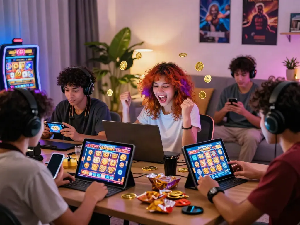 Players enjoying slot gacor games on various devices in a cozy living room, celebrating wins.