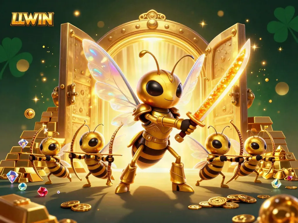 Experience LLWIN with thrilling golden hornet warriors and dazzling treasure in this spectacular casino illustration.