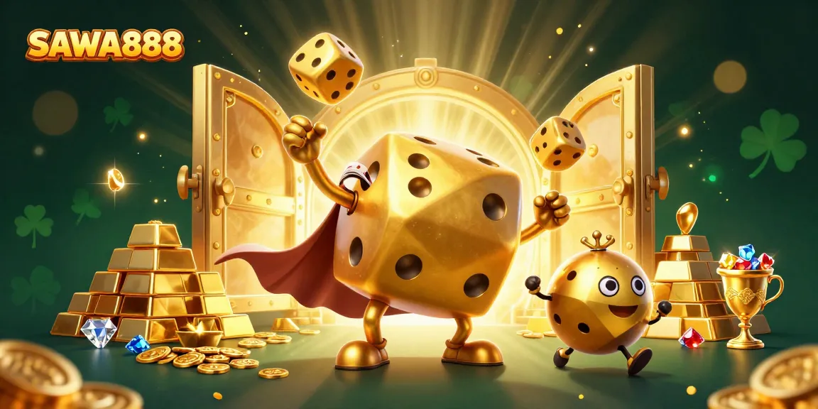 Engage with SAWA888's thrilling gaming experience featuring golden dice and jewels in a vibrant casino realm.