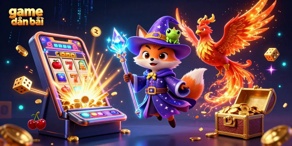 Engage in game đánh bài with an enchanting scene featuring a wizard fox, phoenix, and magical elements.