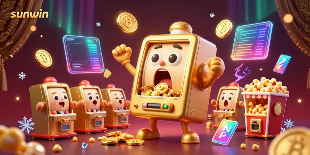 Experience excitement with sunwin's animated slot machine hitting a jackpot surrounded by cheering characters.