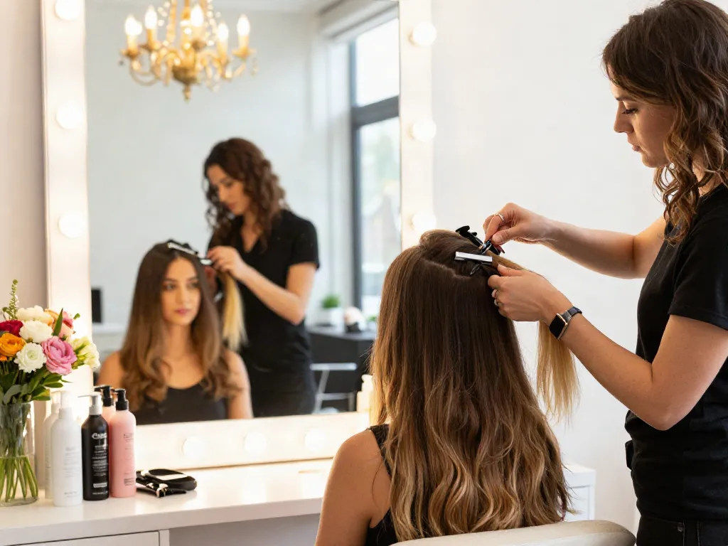 Invisible clip in hair extensions human hair applied by stylist in chic salon.