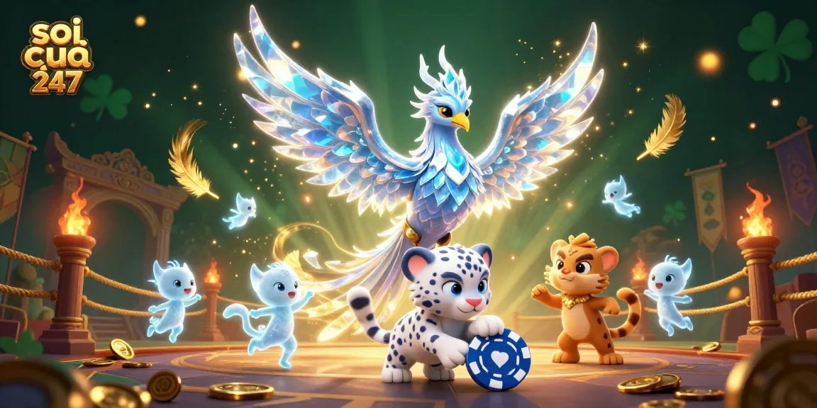 Soi cầu 247 features a vibrant scene with a phoenix and snow leopard in a mystical casino atmosphere.
