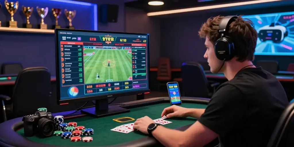 Engaging in login situs m88 with live betting platform and gaming accessories in a modern lounge setting.