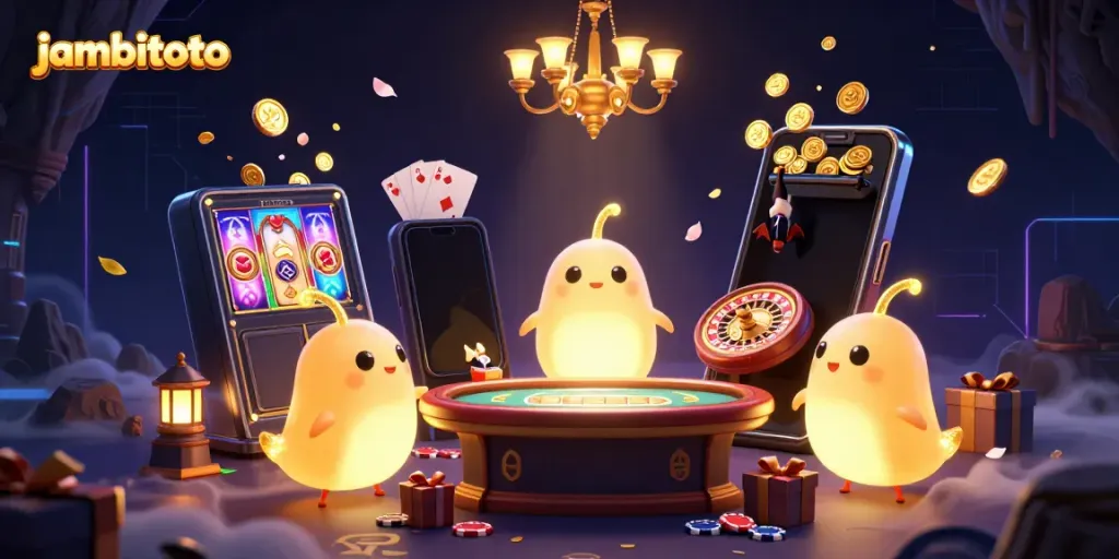 Experience the excitement of jambitoto in a vibrant cave casino illustration featuring glowing characters and dynamic gaming elements.