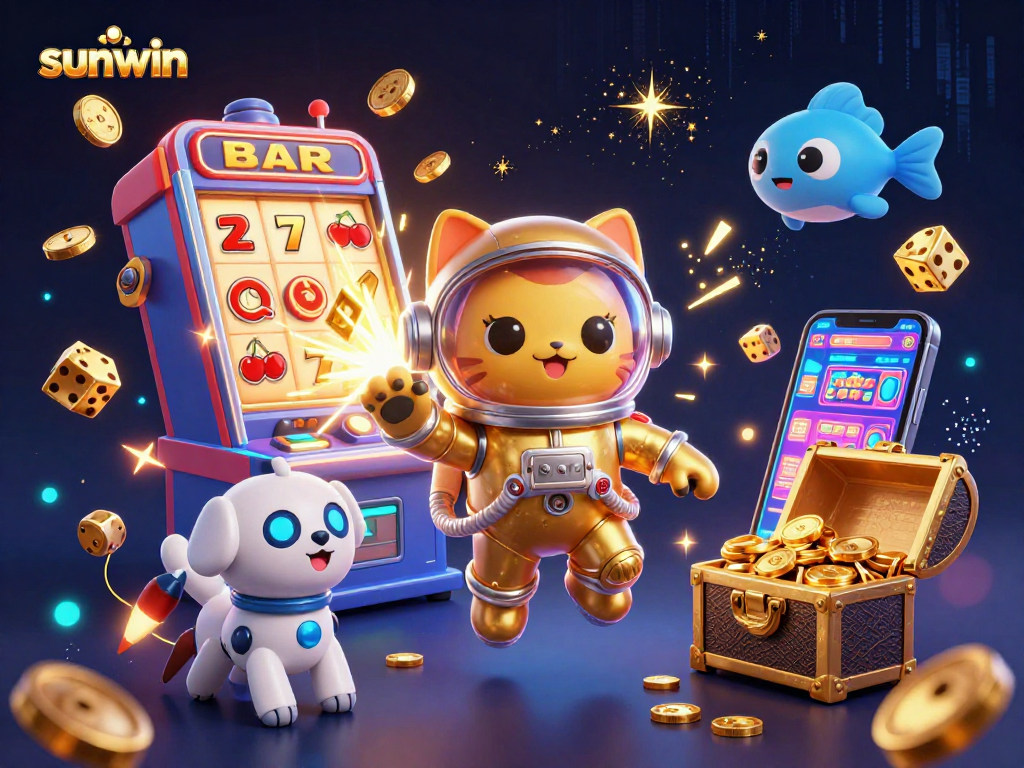 Engage in thrilling gaming at sunwin, featuring an astronaut cat, robot dog, and jackpot symbols.