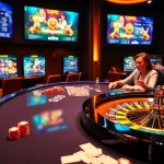 S8 casino table with vibrant poker chips, cards, and roulette wheel showcasing excitement.