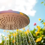 Sunny shower USA Inc outdoor shower setup with vibrant greenery.
