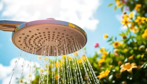 Sunny shower USA Inc outdoor shower setup with vibrant greenery.