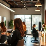 Aveda salon San Diego featuring stylish hairstylist providing highlights and haircut in a warm, inviting atmosphere.