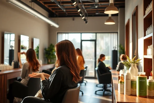 Aveda salon San Diego featuring stylish hairstylist providing highlights and haircut in a warm, inviting atmosphere.
