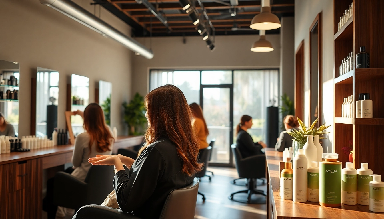 Aveda salon San Diego featuring stylish hairstylist providing highlights and haircut in a warm, inviting atmosphere.