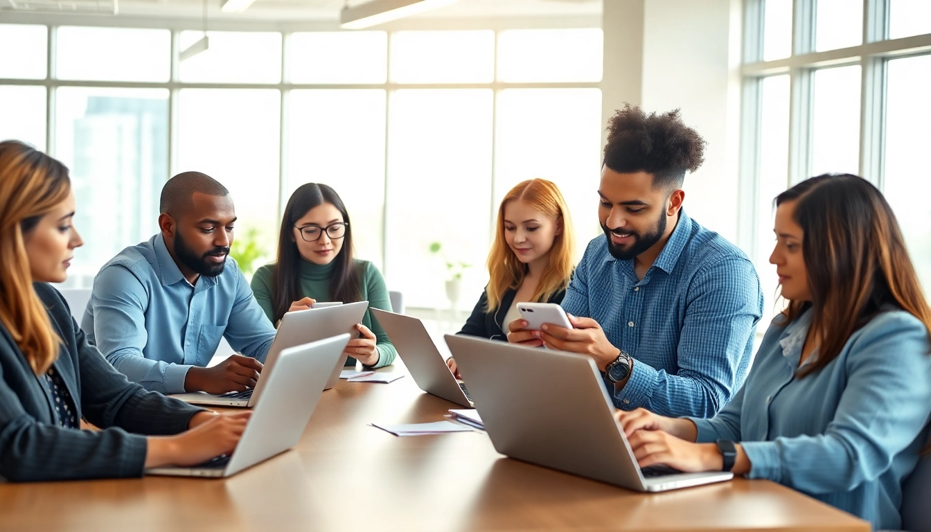 Individuals completing the uk eta online application in a bright, modern workspace.