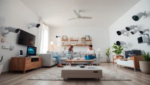 Seguridad moderna del hogar con sistemas de alarma y cámaras que transmiten alarmas de seguridad en un entorno agradable.