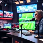 Engaging sports broadcasting setup showcasing a commentator and live sports feeds.