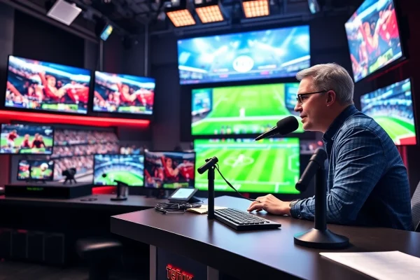 Engaging sports broadcasting setup showcasing a commentator and live sports feeds.