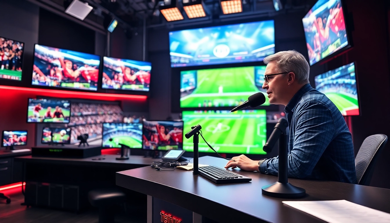 Engaging sports broadcasting setup showcasing a commentator and live sports feeds.