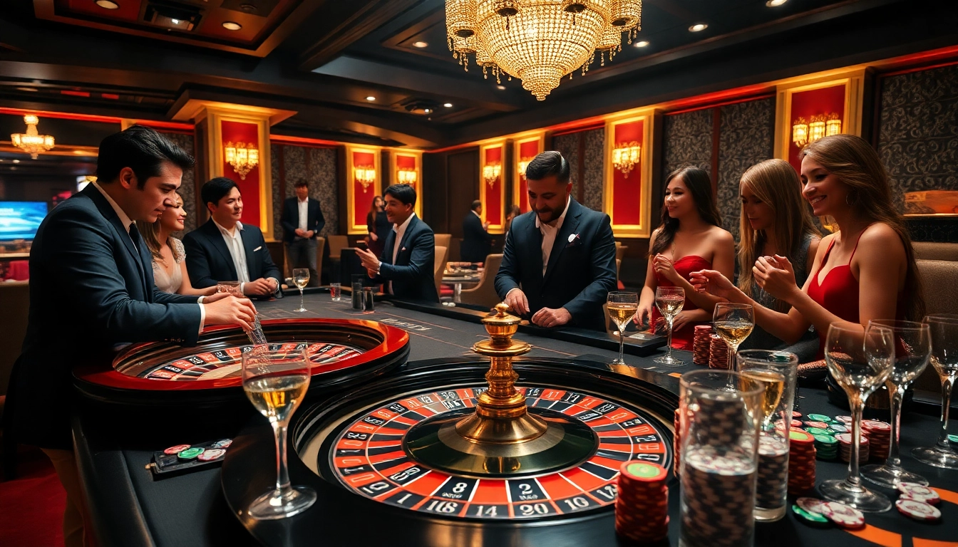 Players engaging in thrilling games at PS99's luxurious casino, surrounded by roulette and poker chips.