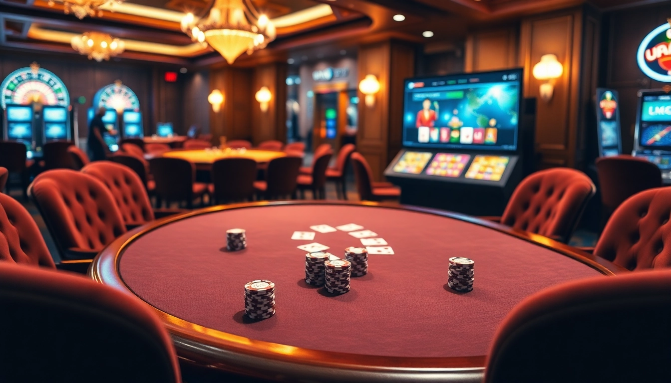 Players at a luxurious casino engaging with U888 link mới on sleek poker tables and vibrant slot machines.