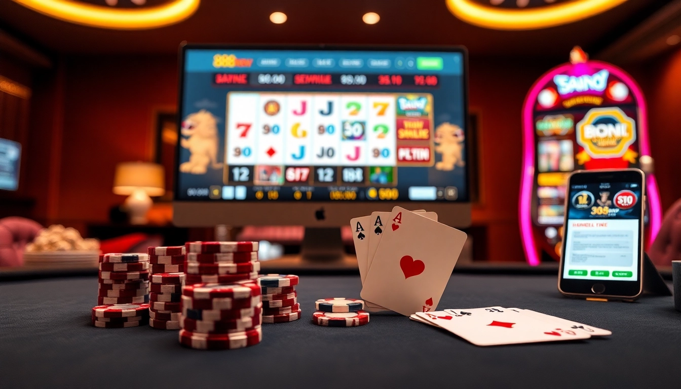 Engaging scene of Rút Tiền 888new with premium casino elements, showcasing poker chips and cards.