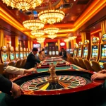 Engage in thrilling casino action at a tg88-themed roulette table with lively players and dazzling slot machines.