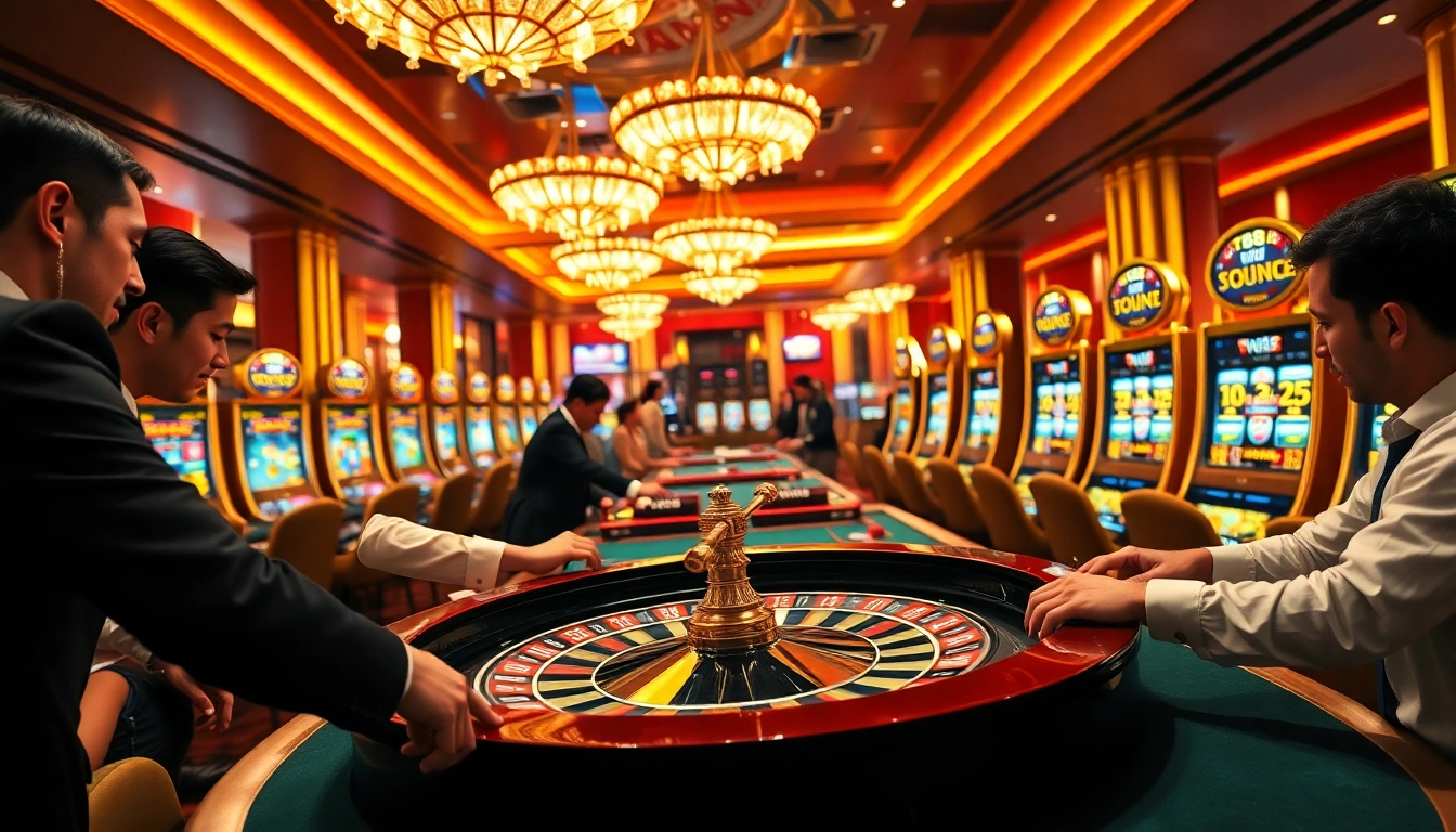 Engage in thrilling casino action at a tg88-themed roulette table with lively players and dazzling slot machines.
